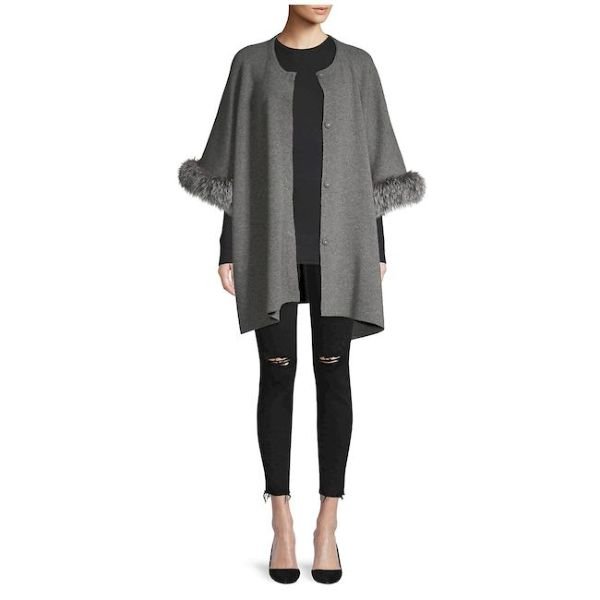 Cashmere Fox Fur Trim Cashmere Poncho Jacket